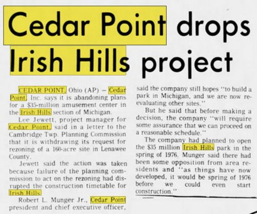 Cedar Point II, Irish Hills Amusement Park, Kingdom of Adventure, Little Michigan - Irish Hills Apr 1975 Article (newer photo)